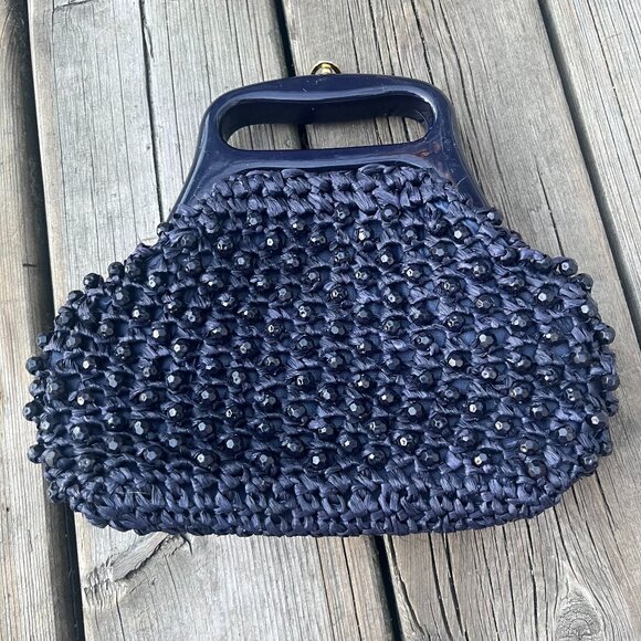 Vintage Navy Woven Handbag with Beaded Detail Top Handle 60s Mod Glam - Picture 3 of 4